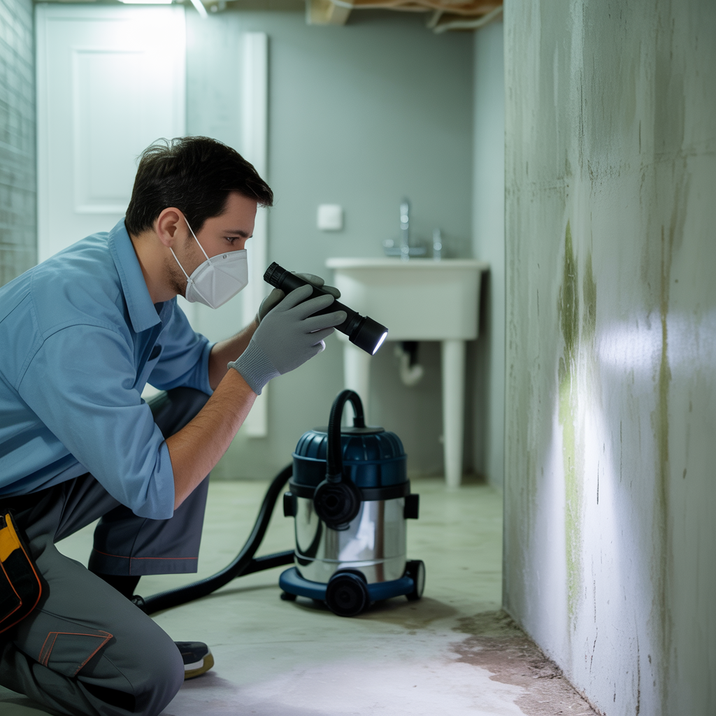 Professional mold remediation technician inspecting black mold on wall